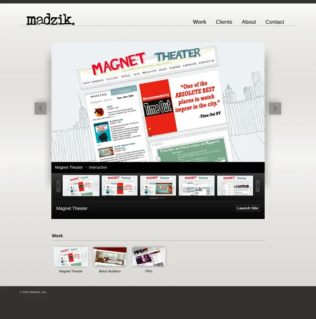 The Madzik work page: the madzik. logo and menu above a large title card of the Magnet Theater homepage, tilted in perspective, a carousel of five of its pages, a Launch Site button, and thumbnails of the three projects below