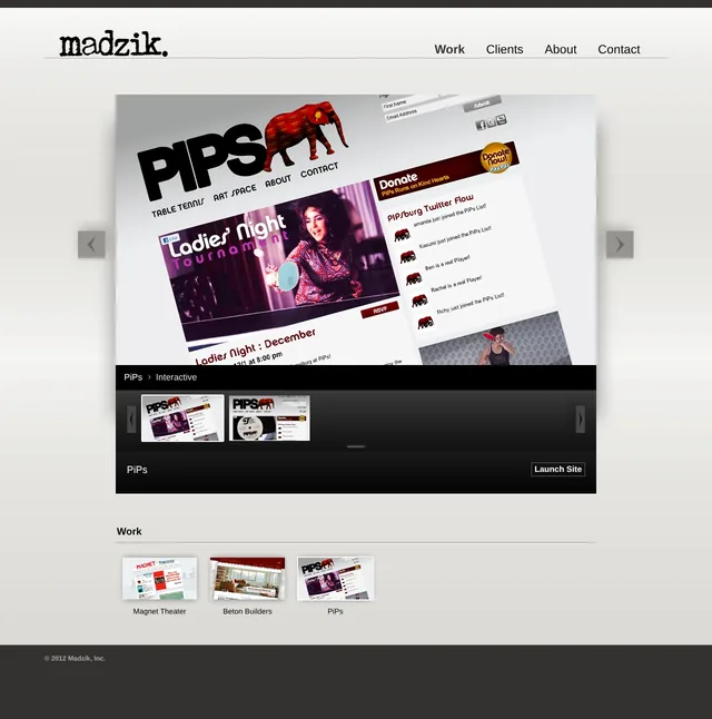 PIPS in the portfolio viewer: its homepage, with a red elephant logo and a Ladies Night tournament poster, tilted in perspective