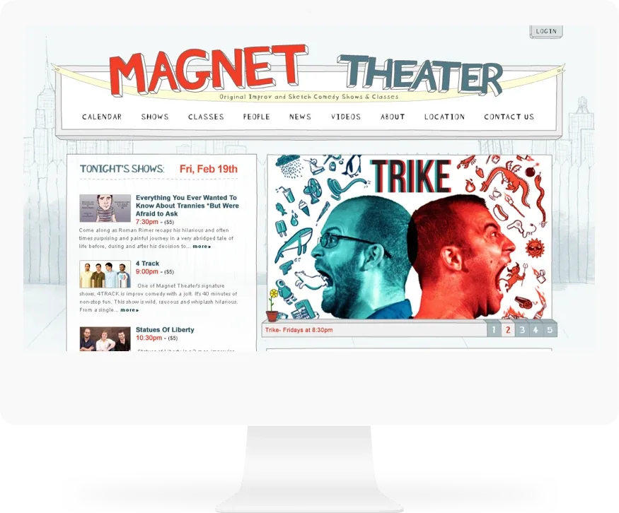 The Magnet Theater site on a desktop monitor: the logo, tonight’s shows and an illustration of two performers