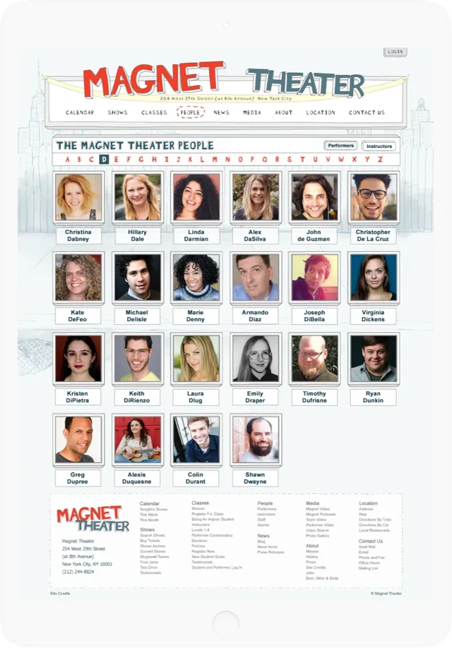 The Magnet Theater people page on a tablet: a grid of performer portraits