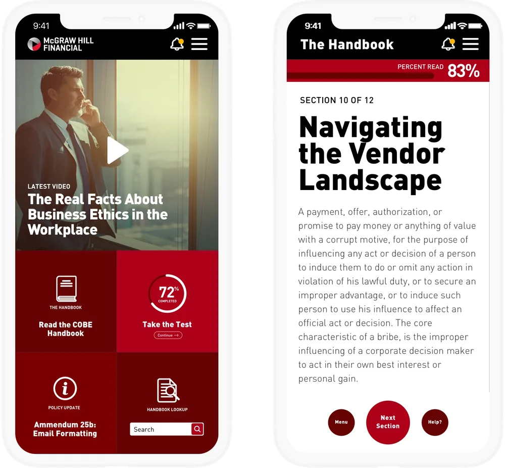 The finished app on two phones: the home screen with a video on business ethics, and a section of the handbook, 83 percent read