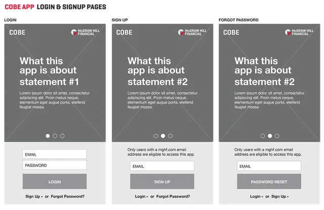 Wireframes for the introduction and sign-in screens
