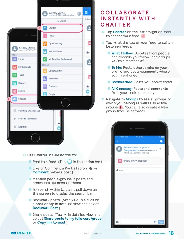 Collaborate Instantly with Chatter: two iPhones open on the app’s menu, with Chatter and Groups circled and numbered to match the steps, and a third phone showing a post