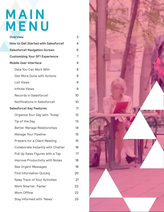 The Main Menu, a table of contents from Overview to Stay Informed with News, beside a pink-tinted photo of a woman reading a tablet at an outdoor table