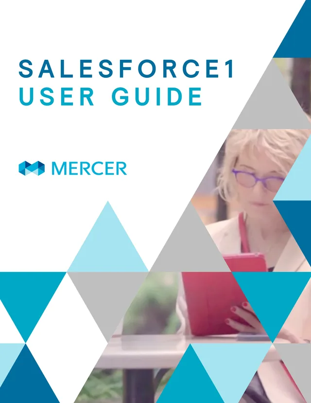 The cover of the Salesforce1 User Guide: the title in spaced blue capitals and the Mercer logo, above a pattern of blue, teal and gray triangles framing a photo of a woman reading a tablet