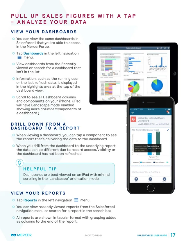 Pull Up Sales Figures with a Tap: an iPad showing a sales activity dashboard and an iPhone showing an individual sales dashboard, beside steps for viewing dashboards and reports and a helpful tip