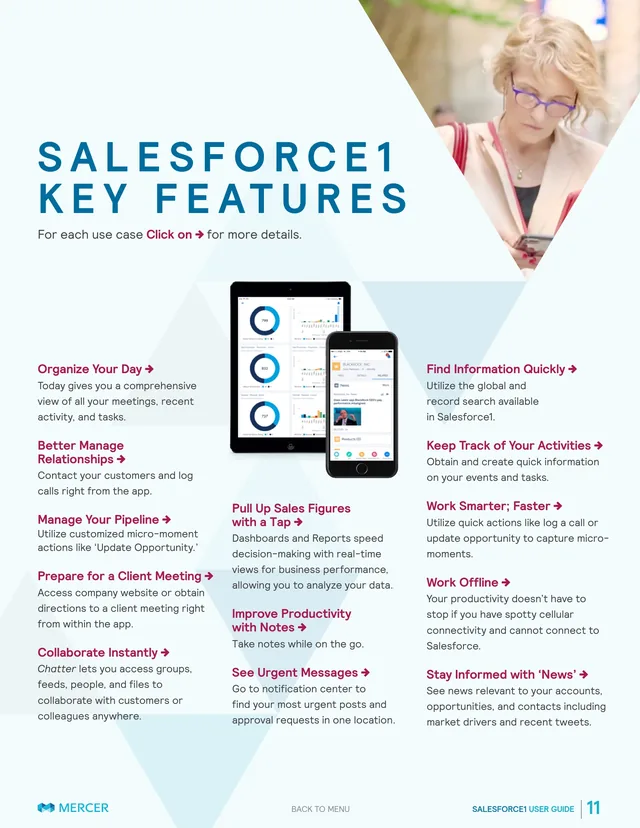 Salesforce1 Key Features: an iPad and an iPhone showing dashboards and an account, above a list of the guide’s use cases, each linked to its page