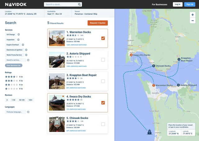 The Navidok search on a desktop, under a wordmark with a ship for its A: filters for services, ratings, reviews and languages; five results, among them Warrenton Docks, Astoria Shipyard and Ilwaco Dry Docks, each with a photo of a ship in dry dock, stars, coordinates and distance; and a map around Astoria, Oregon, with dotted routes from a ship to each dock