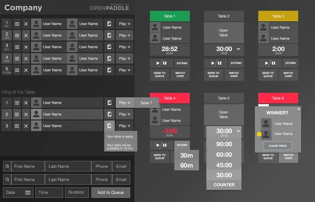 The table board design: open tables, timers and a winner