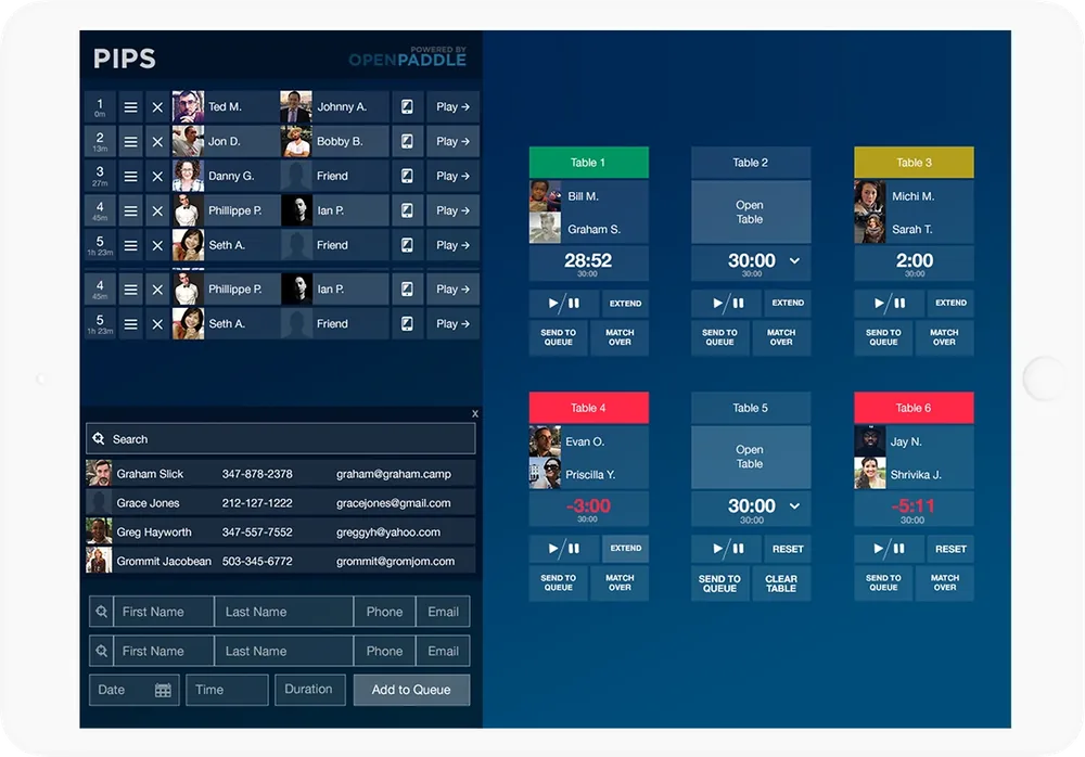 Open Paddle on a tablet, branded for PIPS: tables with countdown timers and the players waiting for each