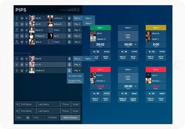 Adding players to the waitlist on a tablet