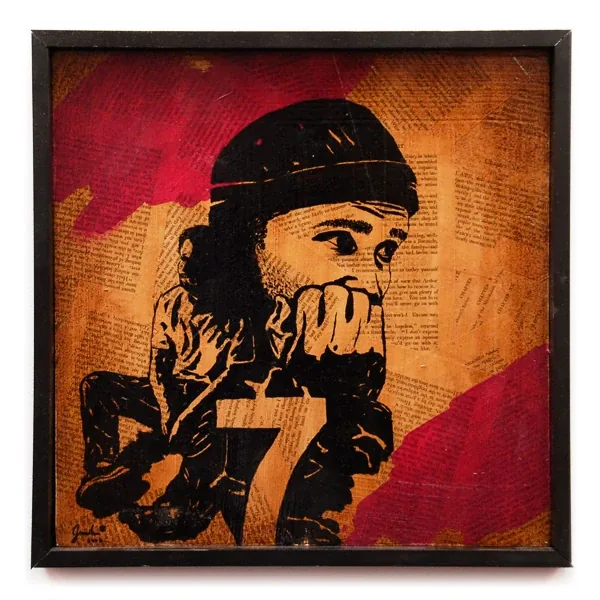 A man in a beanie with his hand to his mouth, the number 7 below, over book pages and red