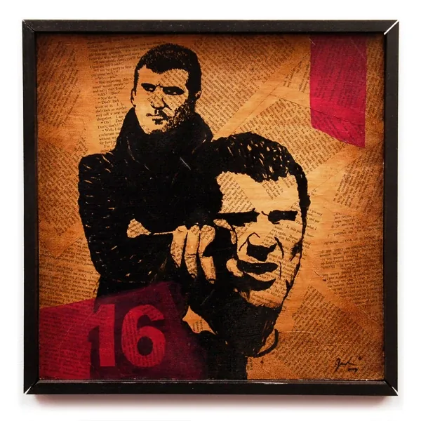 A man in a dark coat beside the number 16 in red, over book pages