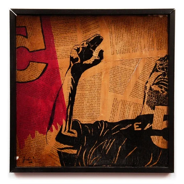 A figure with a raised arm in black over book pages, a red letter behind