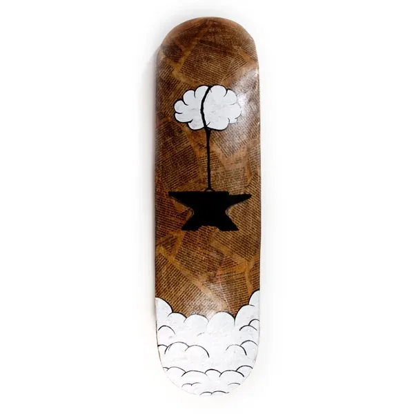 A skateboard deck: an anvil between two clouds on stained wood