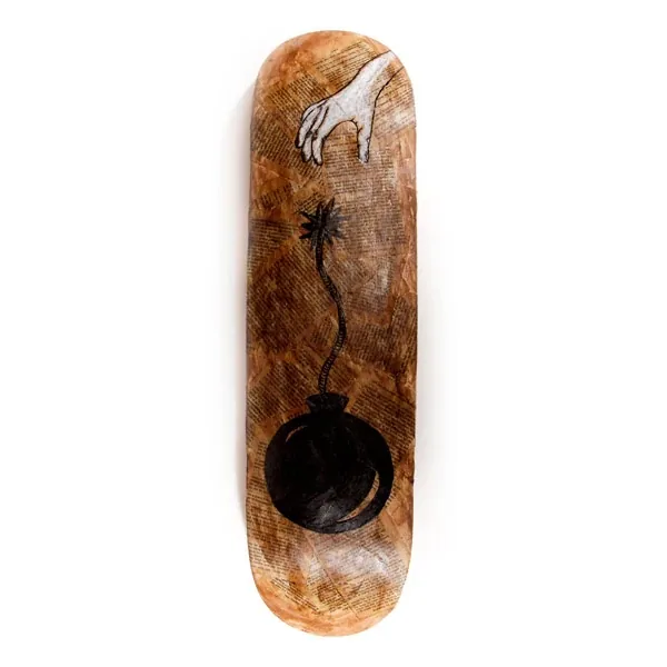 A skateboard deck: a bomb under a palm tree