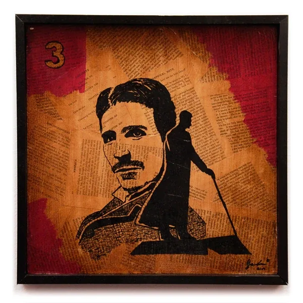 A portrait in black of a mustached man over book pages and red, with the number 3