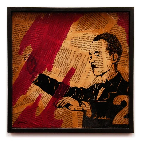 A man playing with his hands held out, in black over book pages, with the number 2