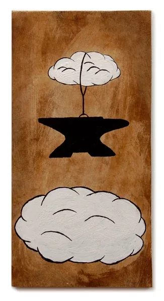 An anvil hangs on a string from one cloud above another, painted on stained wood