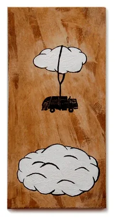 A small black van hangs on a string between two clouds