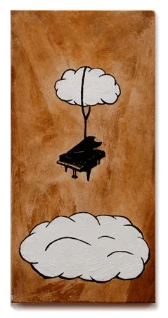 A grand piano hangs on a string between two clouds