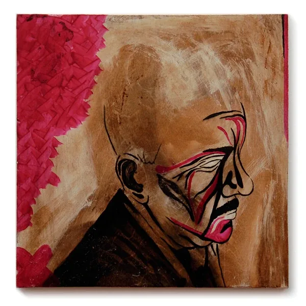 An old man’s face in profile, drawn in black with streaks of red