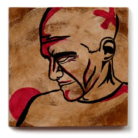 A bald man looking down, drawn in black line, red marks on his head and shoulder