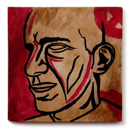 A man’s face filling the panel, drawn in black and red line