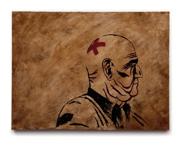 A bald man with a red cross on his head, drawn in black on stained wood