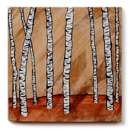 White birches over a band of red-orange ground