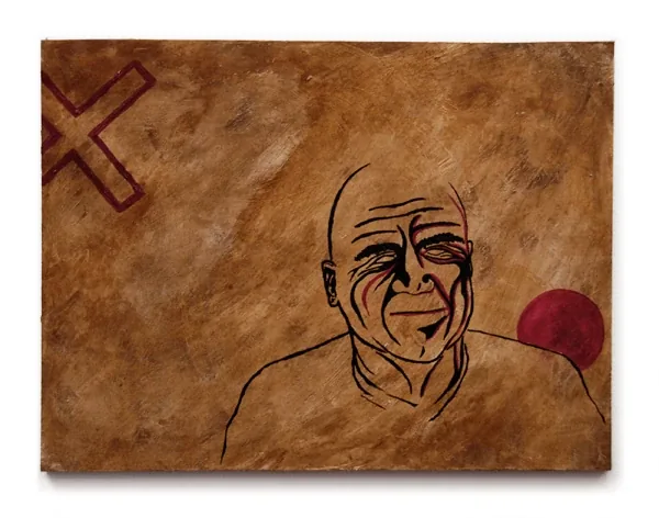 A smiling old man beside a red circle, a painted X in the corner