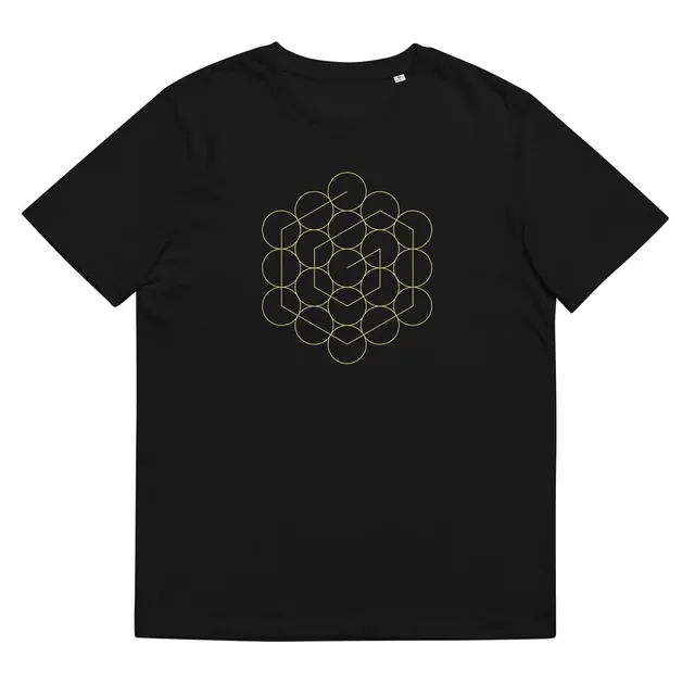 A black T-shirt with a gold line drawing of overlapping circles