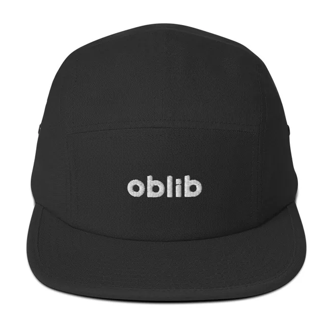 A black five-panel hat with oblib embroidered in white