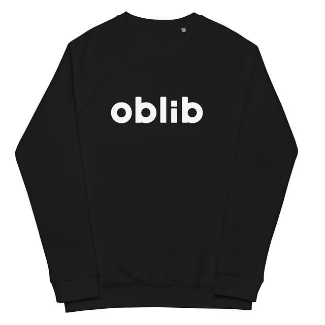 A black sweatshirt with oblib in white across the chest