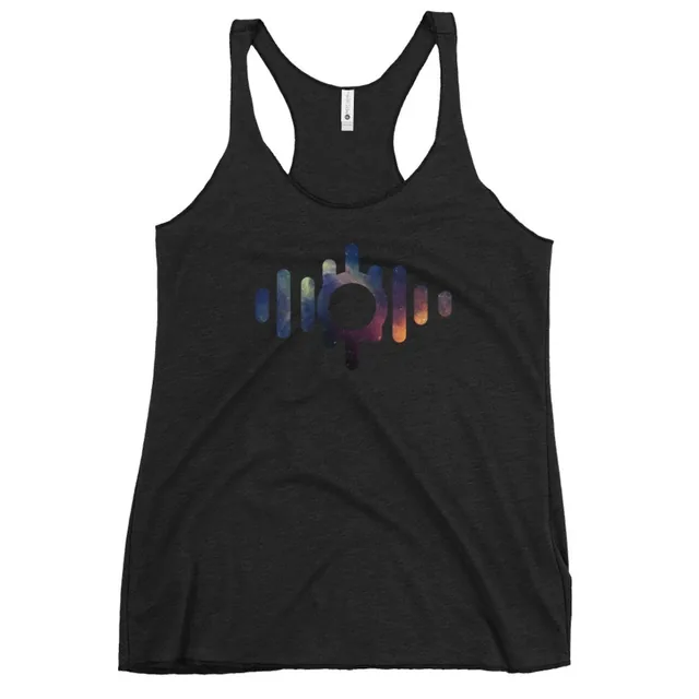 A black racerback tank with a band of colorful sound waves around a dark circle