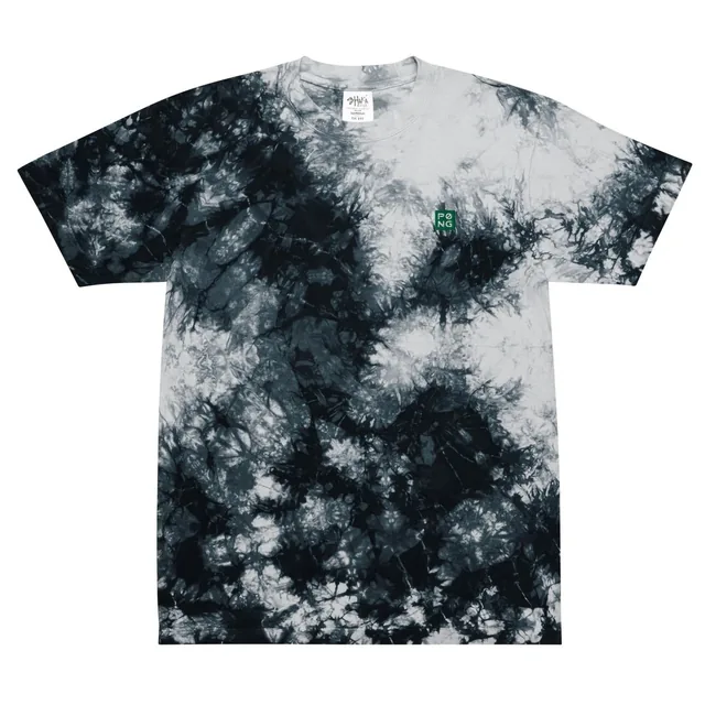A black and white tie-dye T-shirt with a small green PØNG embroidered on the chest