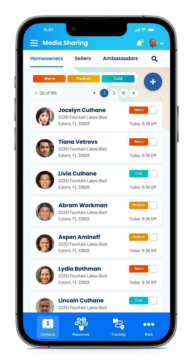 Media sharing on a phone: a seller’s list of homeowners, each with a status