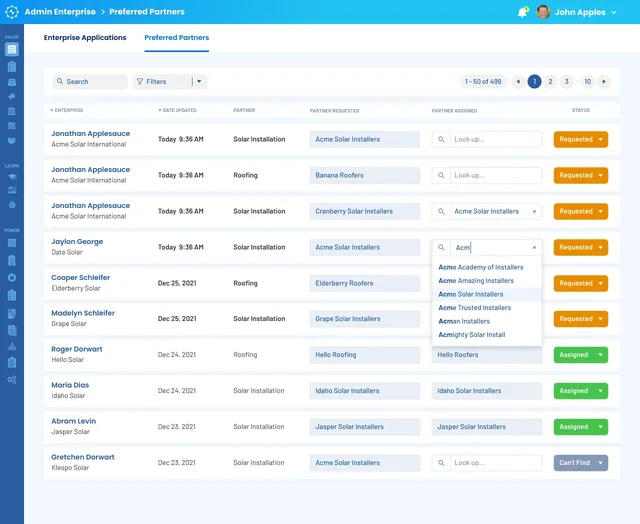 The admin view of preferred installation partners, with requests and approvals