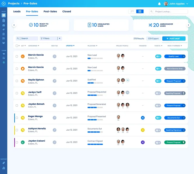 A seller’s pre-sales projects in a list, with stages and next steps