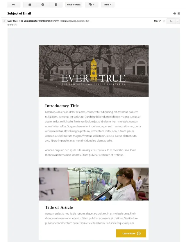 The top of the email template as it arrives in an inbox: the Ever True logo over a sepia photo of campus, an introduction, and an article with a photo of a researcher in a lab