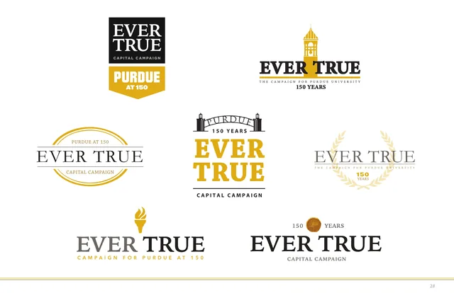 Seven first-round logo concepts for Ever True: a Purdue at 150 banner, the bell tower, an oval seal, the Purdue arch, laurels, a torch and a gold coin