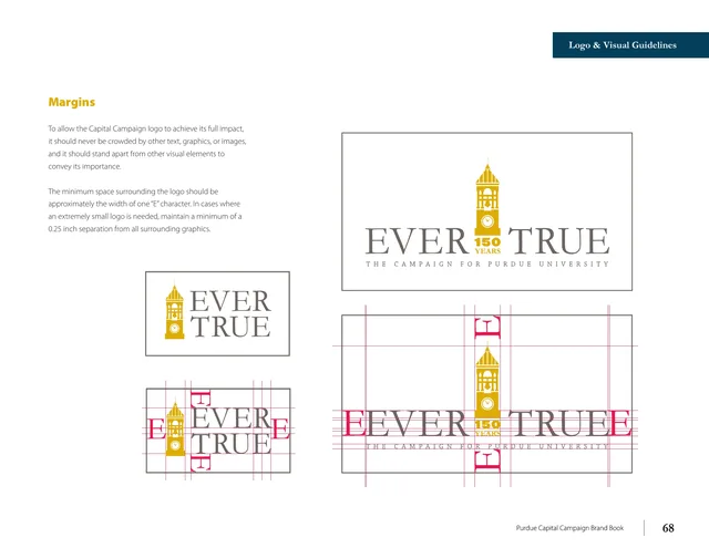 The margins page: the full and stacked logos in boxes, with red guides showing a clear space the width of one E around each