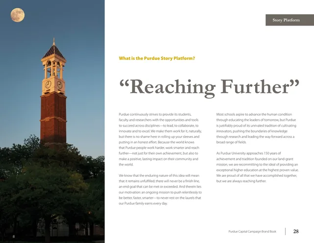 The story platform page, “Reaching Further,” with two columns of text beside the bell tower at dusk under a full moon