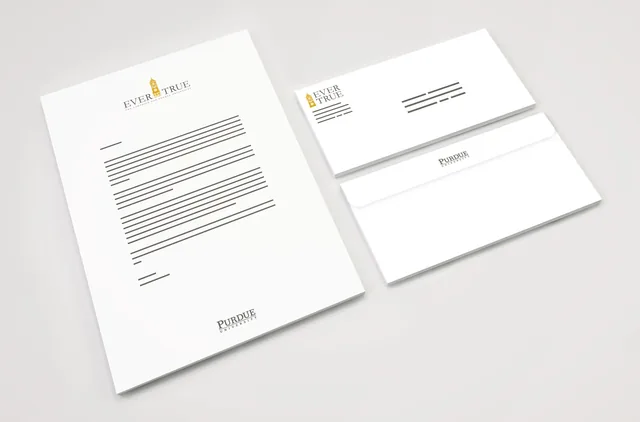Ever True letterhead and envelopes: the logo at the top of the letter and on the envelope front, the Purdue wordmark at the foot of the letter and on the back flap