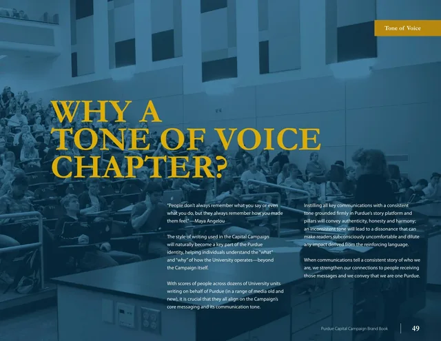 The tone of voice chapter: Why a tone of voice chapter? in gold over a blue-tinted lecture hall full of students, with a quote from Maya Angelou