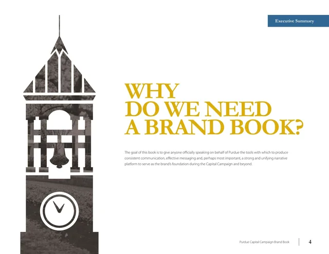 A page asking Why do we need a brand book? in gold capitals, beside the logo’s bell tower drawn large and filled with a sepia photo of campus