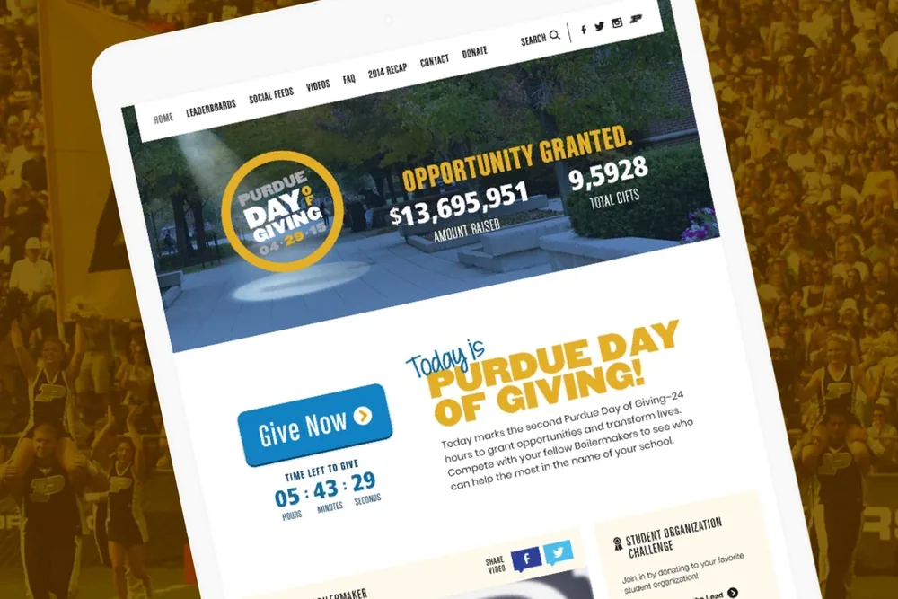 The 2015 Day of Giving site on a tablet, showing $13,695,951 raised and the spotlight logo
