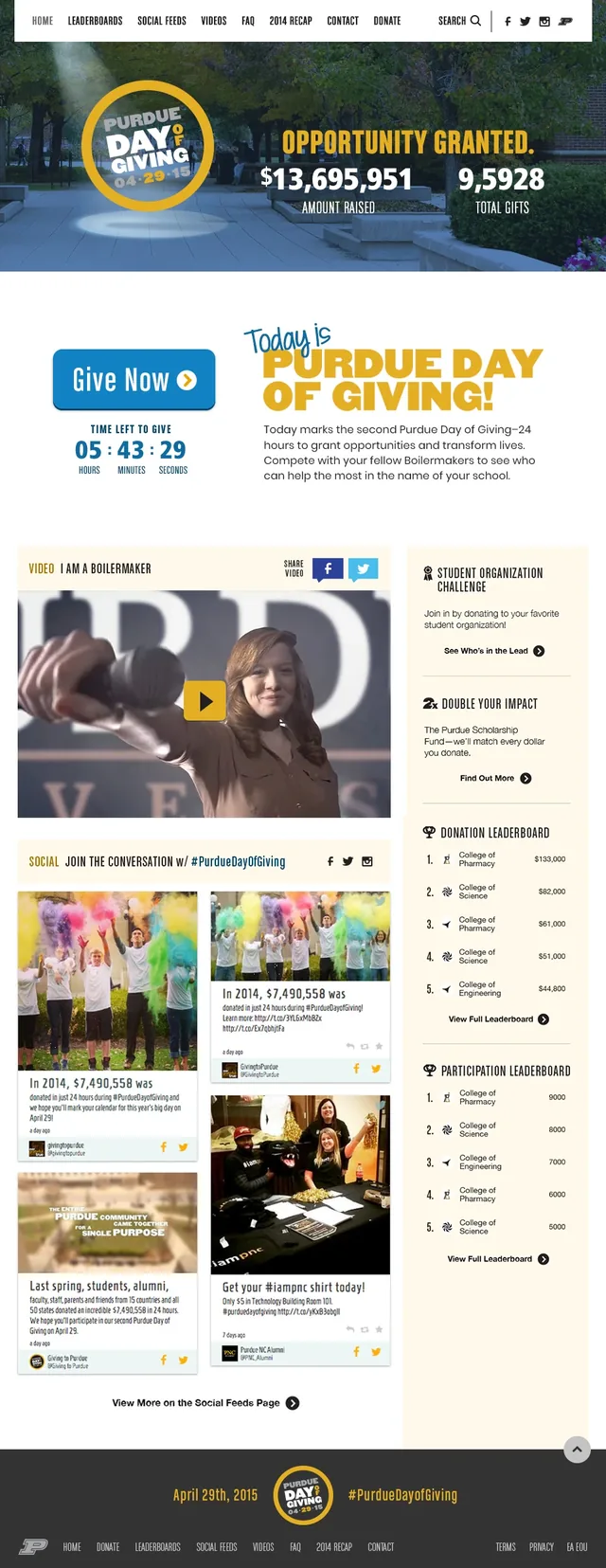 The full Day of Giving homepage: the running total, leaderboards, videos and stories