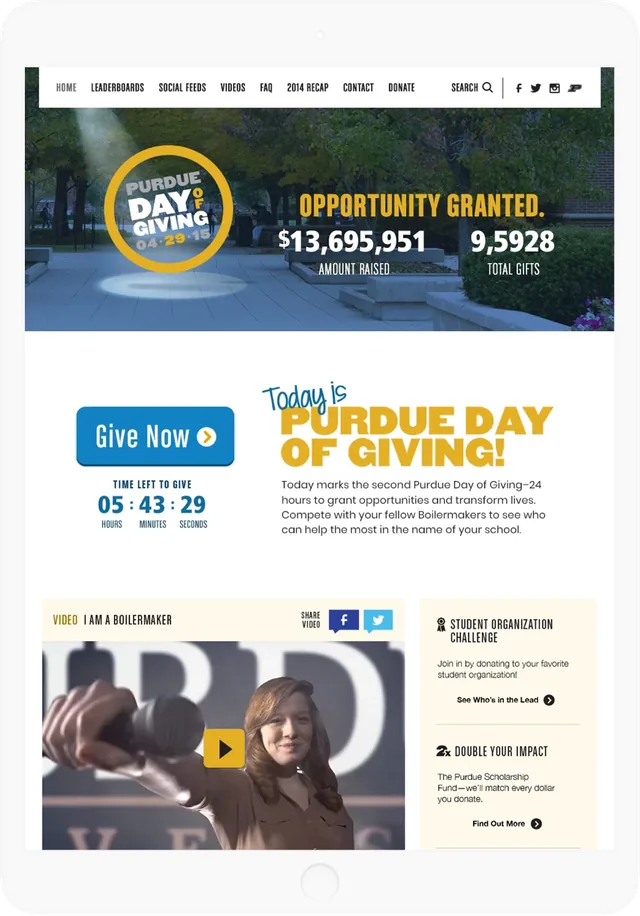 The Day of Giving site on a tablet: the amount raised, the countdown and a give now button