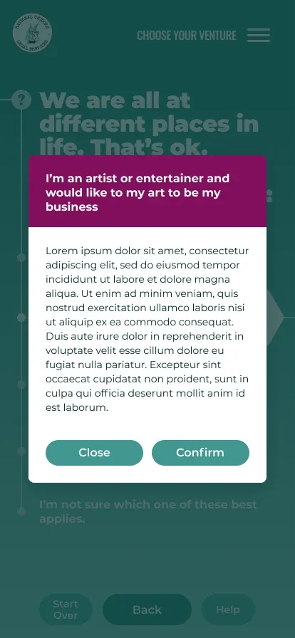 A card for the answer about making your art your business, with a raspberry header, placeholder text and Close and Confirm buttons, over the dimmed question